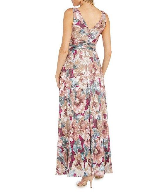 R & M Richards Metallic Floral Foil Print Sleeveless V-Neck Ruched Waist Maxi A-Line Gown Product Image