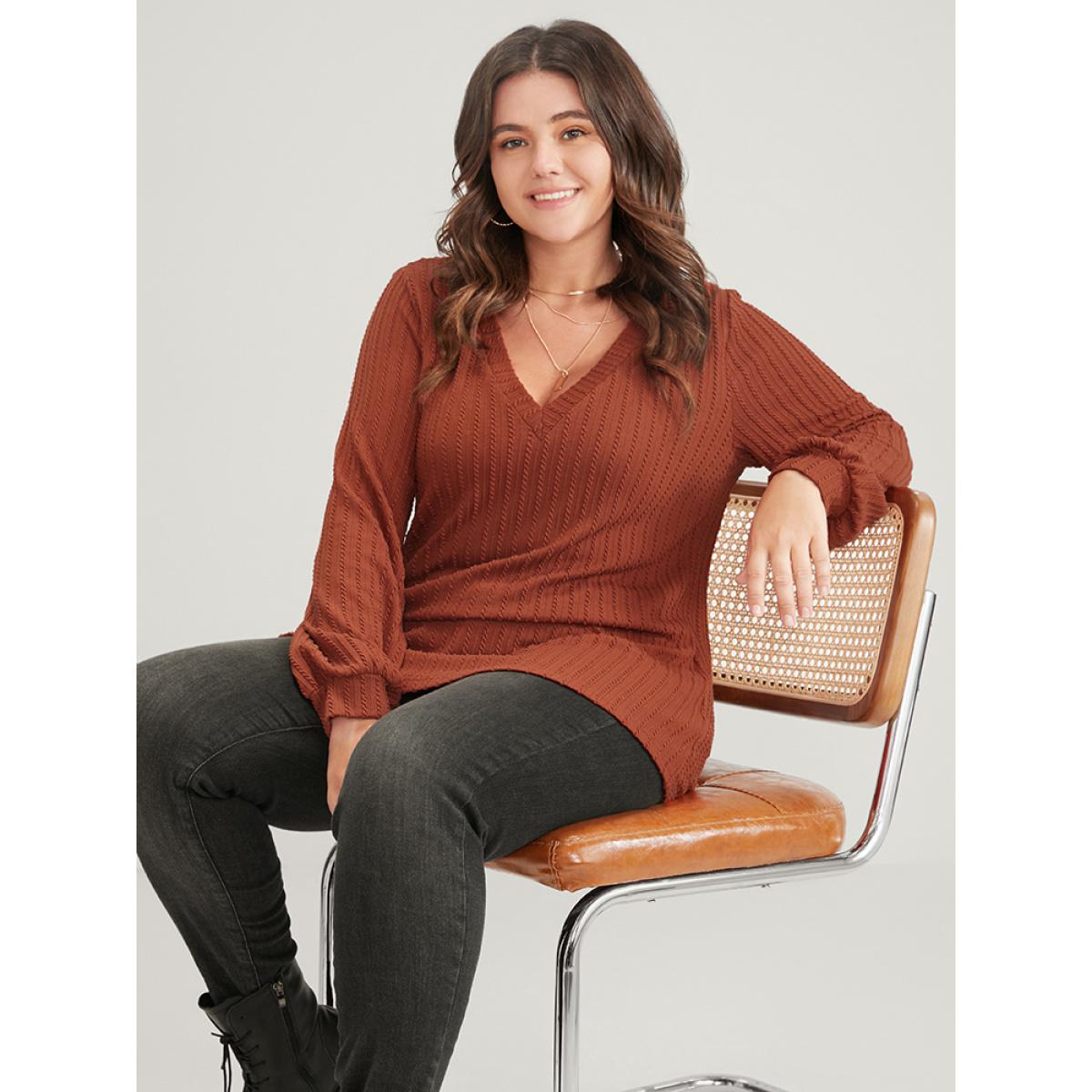 Plus Size Solid Rib Knit Long Tee Rust Women Elegant Plain Plain V-neck Dailywear T-shirts BloomChic 14-16/1X Product Image
