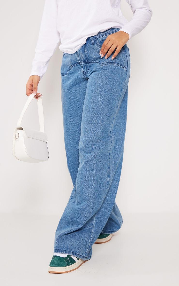 Mid Blue Wash Western Detail Wide Leg Jeans Product Image