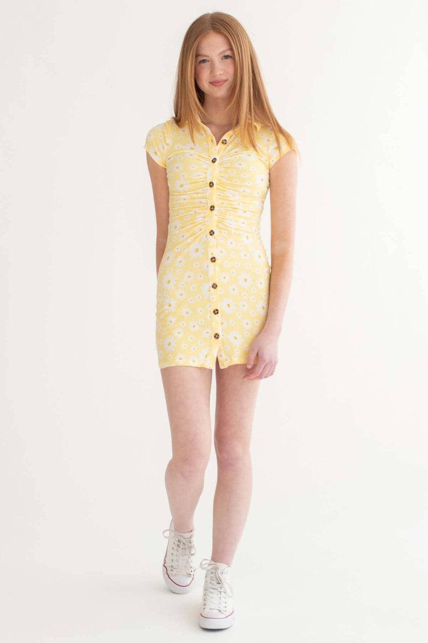 Yellow Daisy Ruched Shirt Dress Product Image