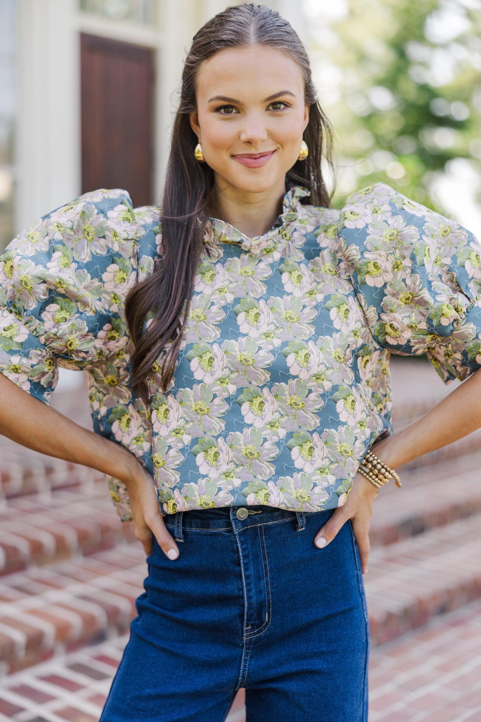 Say What You Need Slate Blue Floral Blouse Female Product Image