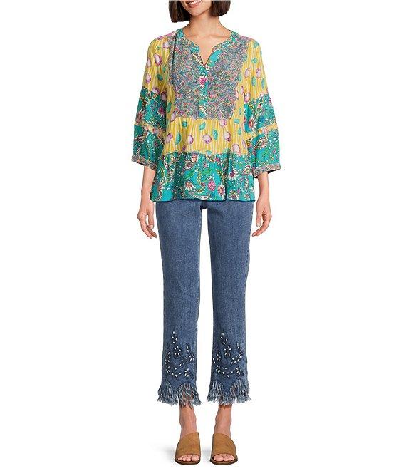 John Mark Embroidered Multi Print Banded Y-Neck 3/4 Sleeve Popover Top Product Image