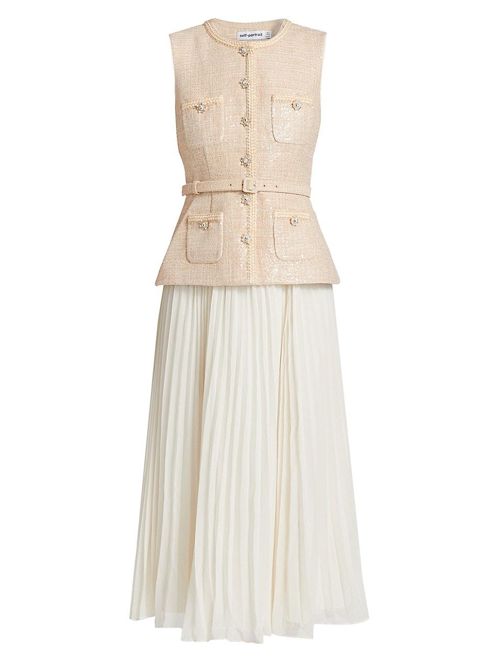 Womens Sequined Boucl & Pleated Chiffon Midi-Dress Product Image