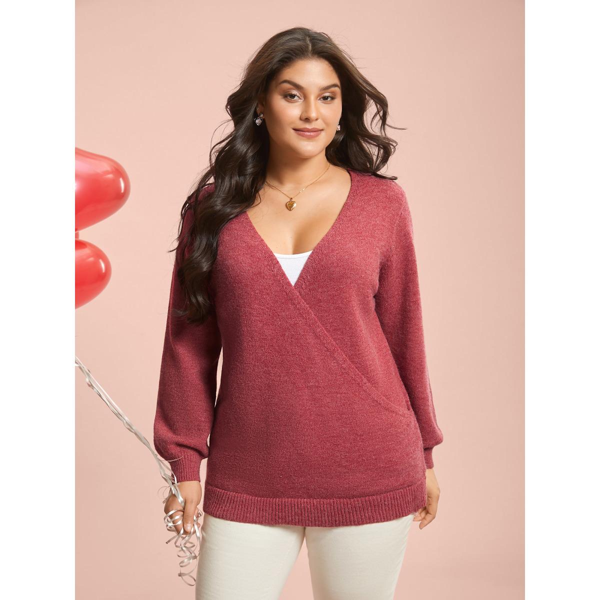 Plus Size Surplice Neck Solid Textured Pullover Scarlet Women Casual Loose Long Sleeve Overlap Collar Everyday Pullovers BloomChic 18-20/2X Product Image