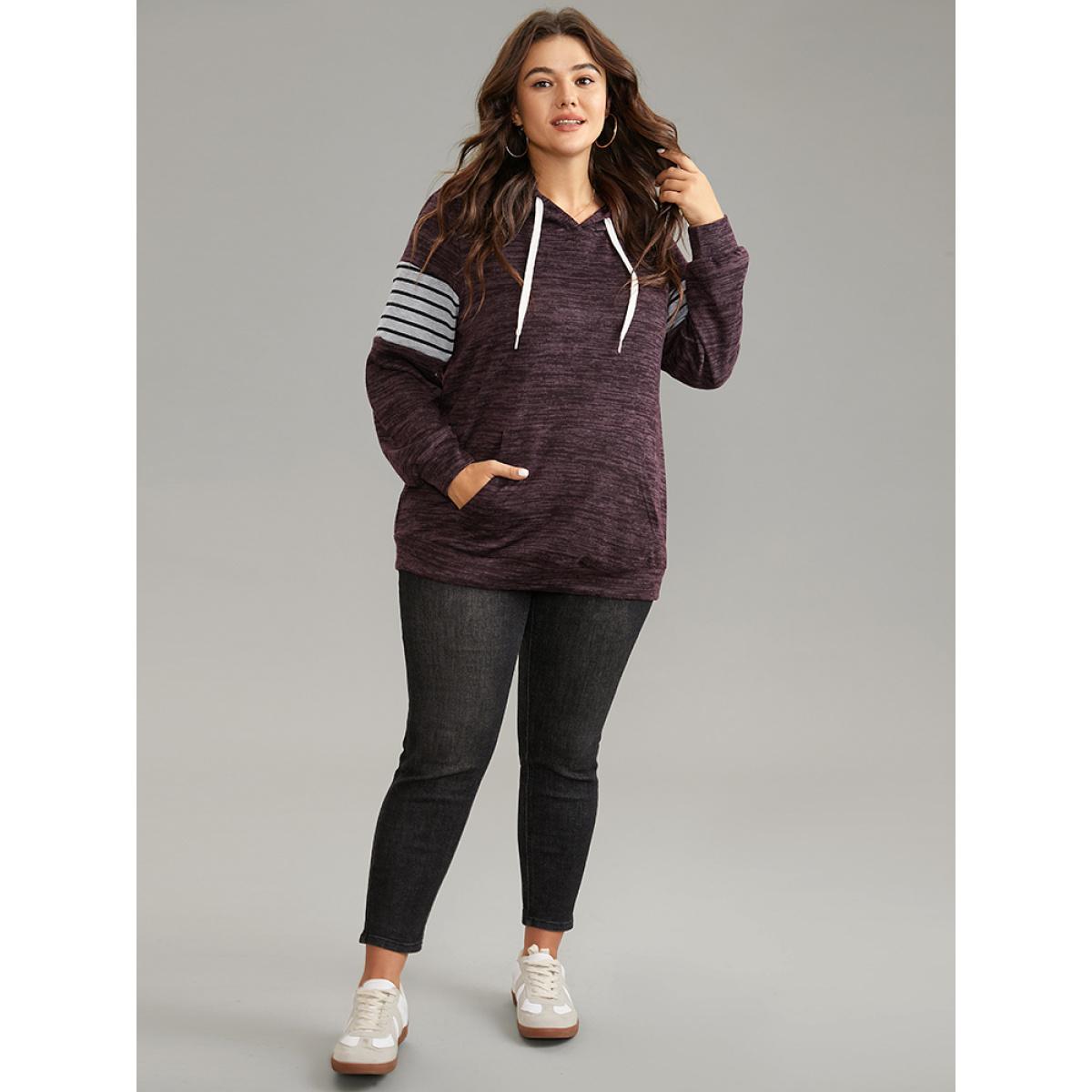 Plus Size Heather Striped Patchwork Pocket Hooded Sweatshirt Women Eggplant Casual Heather Hooded Dailywear Sweatshirts BloomChic 22-24/3X Product Image