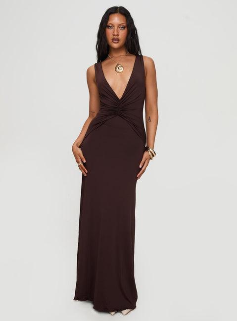 Frederica Plunge Maxi Dress Chocolate Product Image