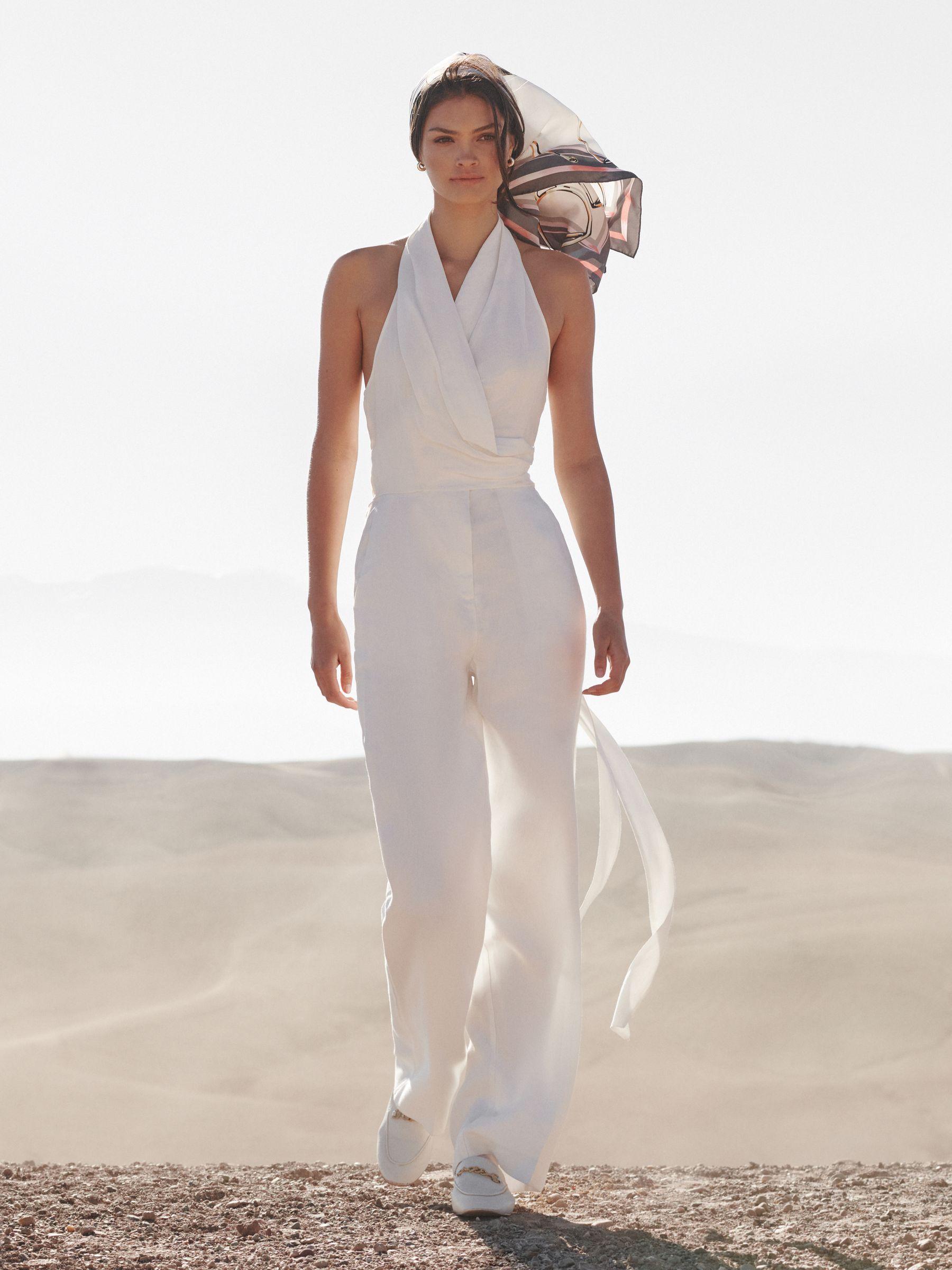 Halter Neck Linen Blend Jumpsuit in White Product Image