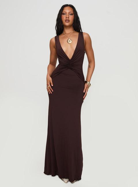 Frederica Plunge Maxi Dress Chocolate Product Image