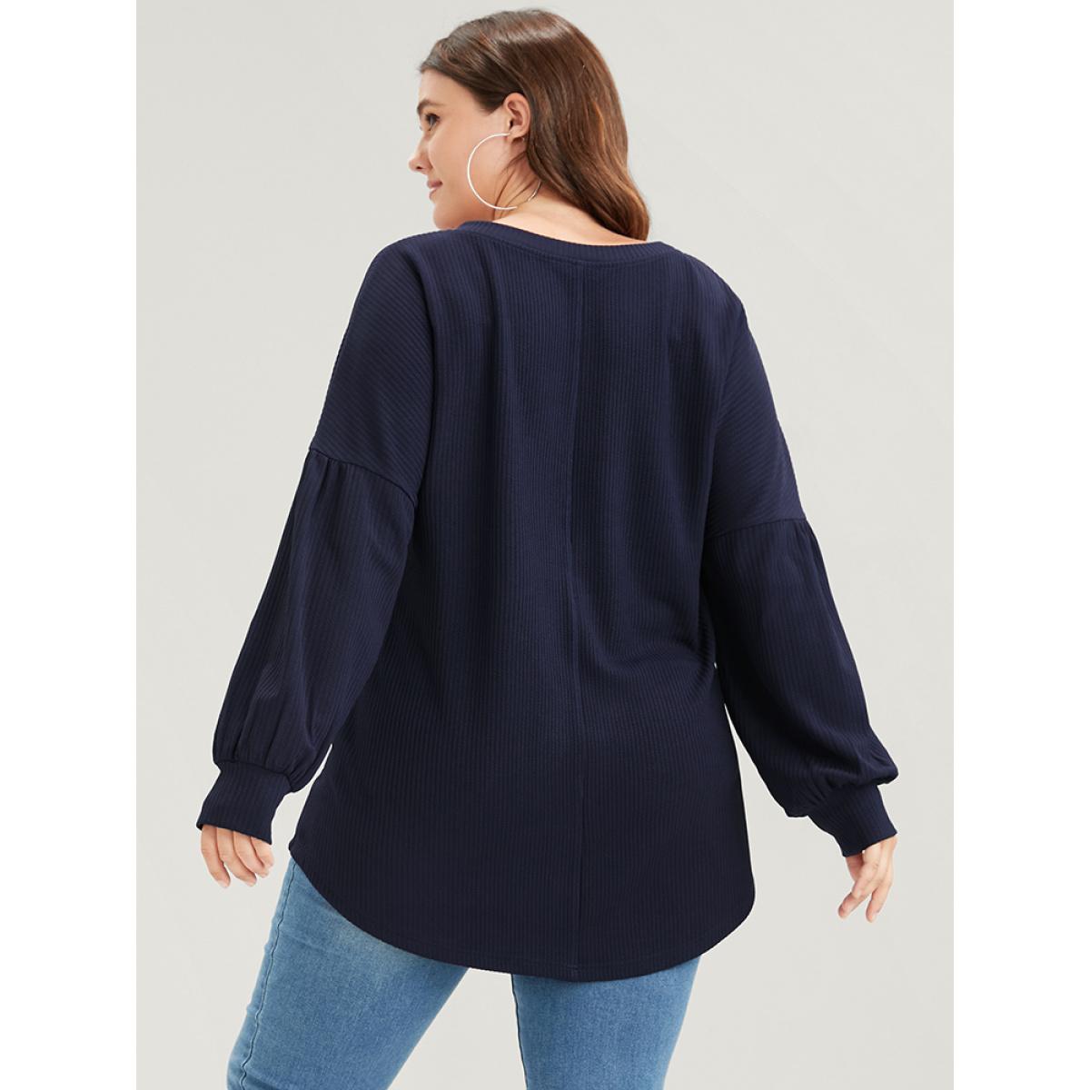 Plus Size Solid Drop Shoulder Pocket Arc Hem Rib Knit Sweatshirt Women Navy Elegant Plain V-neck Dailywear Sweatshirts BloomChic 22-24/3X Product Image