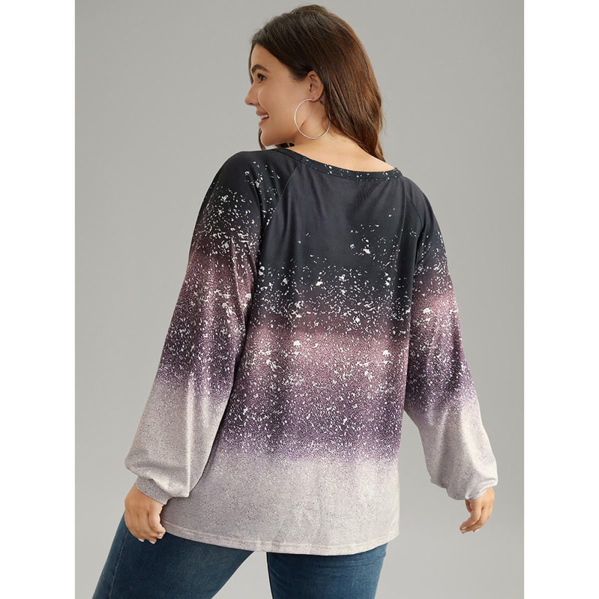 Plus Size Ombre Raglan Sleeve Contrast T-shirt Multicolor Women Casual Elastic cuffs Colorblock Round Neck Everyday T-shirts BloomChic 22-24/3X Product Image