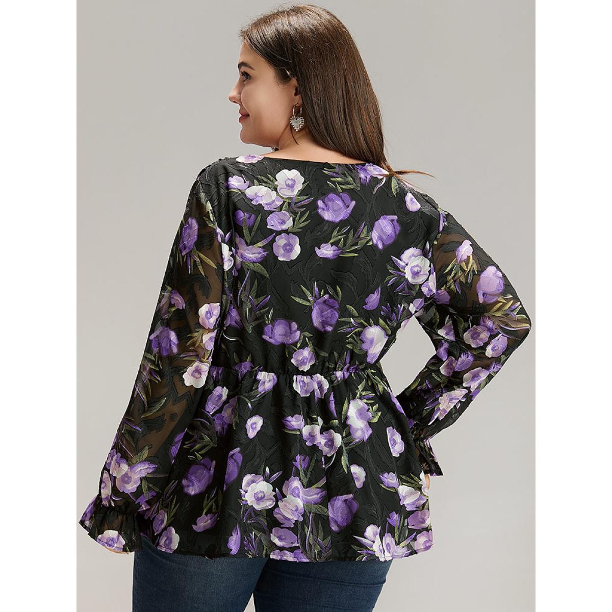 Plus Size Black Chiffon Floral Mesh Wrap Ruffle Hem Blouse Women Glamour Long Sleeve V-neck Going out Blouses BloomChic 14-16/1X Product Image