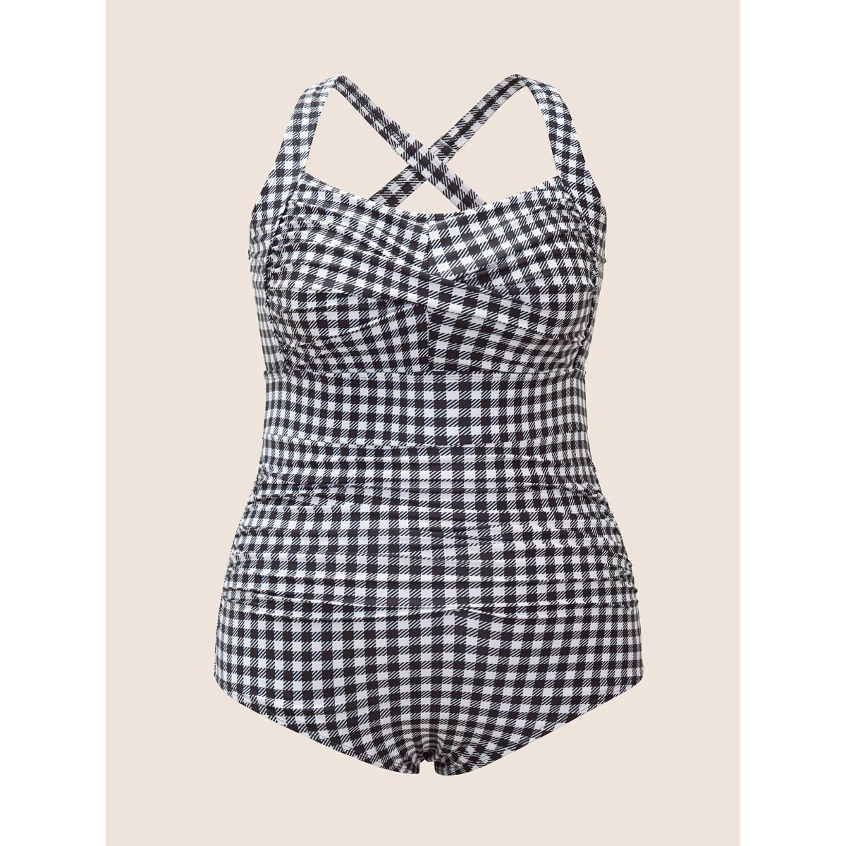 Plus Size Gingham Heart Neckline Crossover One Piece Swimsuit Women's Swimwear Black Beach Twist Curve Bathing Suits High stretch One Pieces BloomChic 28/5X Product Image