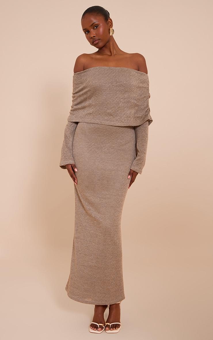 Mocha Textured Bardot Foldover Maxi Dress Product Image