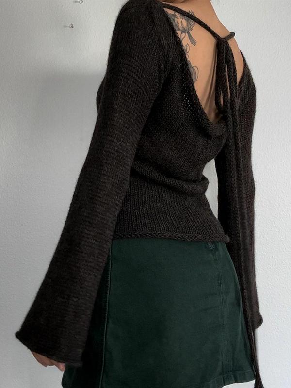 Solid Color Backless Lace Up Long Sleeve Knit Product Image