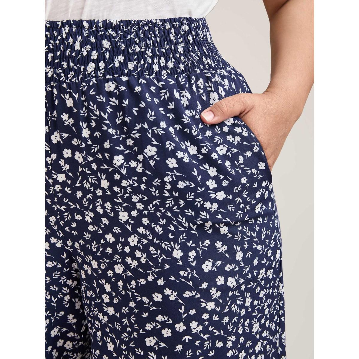 Plus Size Ditsy Floral Print Shirred Wide-Leg Pants Women Indigo Elegant Wide Leg Mid Rise Everyday Pants BloomChic 18-20/2X Product Image
