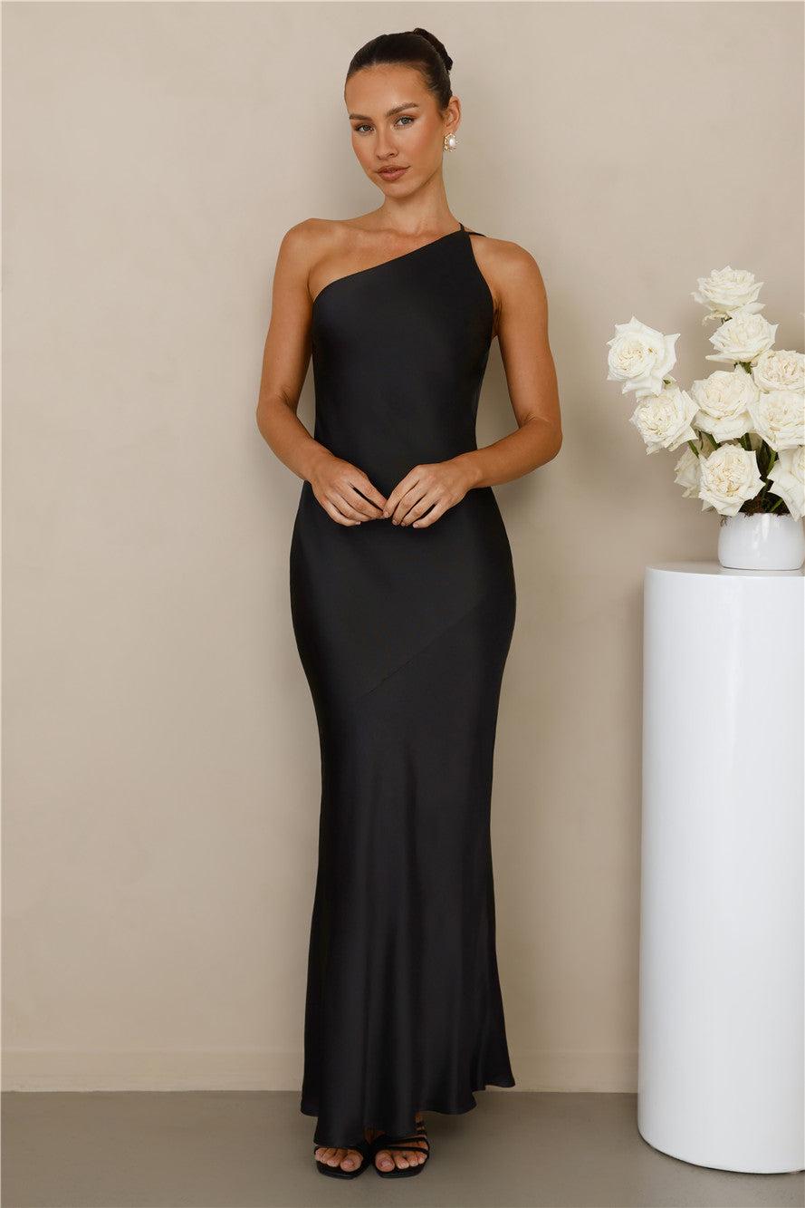The Evangeline One Shoulder Satin Maxi Dress Black Product Image
