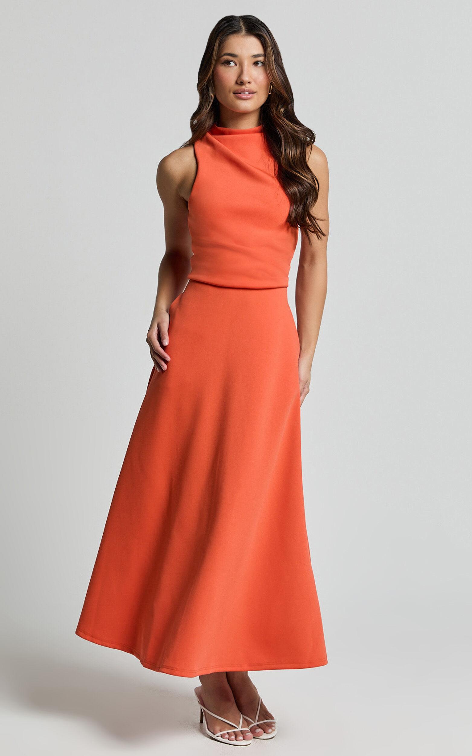 Macy Midi Dress - High Neck A Line Dress in Orange Product Image