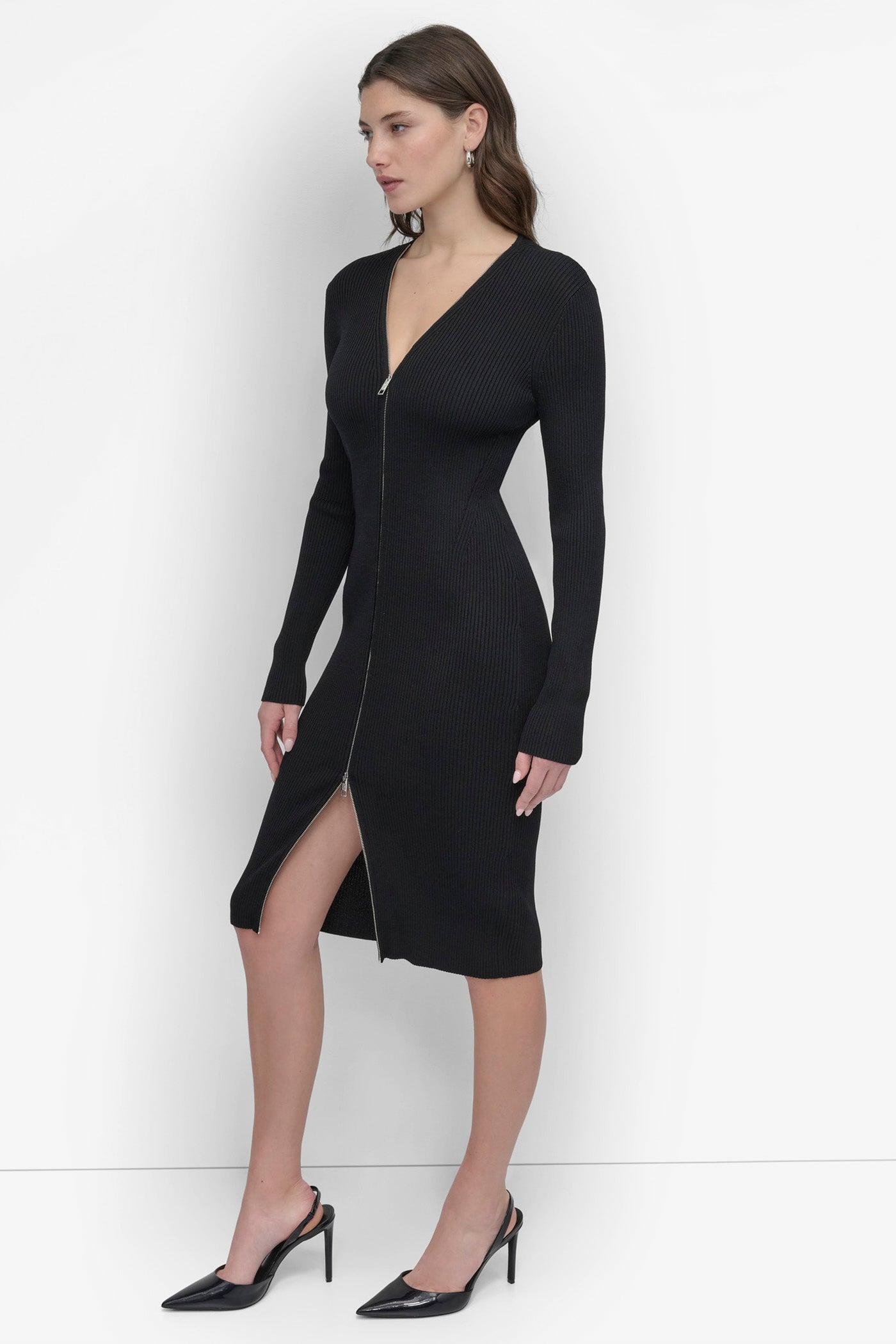 LONG SLEEVE ZIP FRONT SWEATER DRESS Product Image