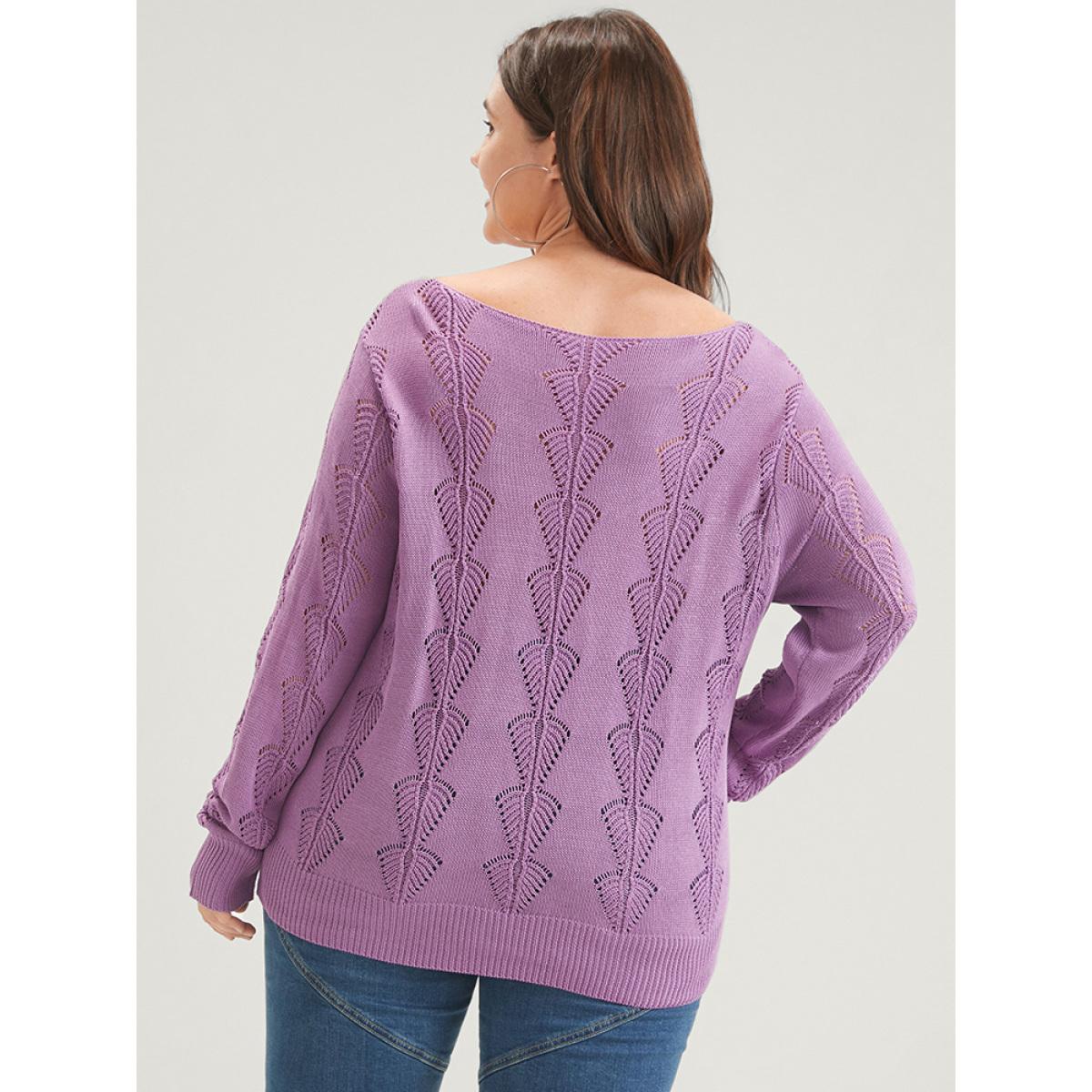Plus Size Solid Pointelle Knit Deep V Neck Crochet Sweater RedViolet Women Elegant Long Sleeve Deep V-neck Dailywear Pullovers BloomChic 28/5X Product Image