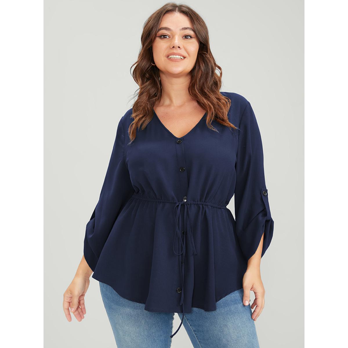 Plus Size Navy Solid Roll Sleeve Button Down Drawstring Blouse Women Office Long Sleeve V-neck Office Blouses BloomChic 10/M Product Image