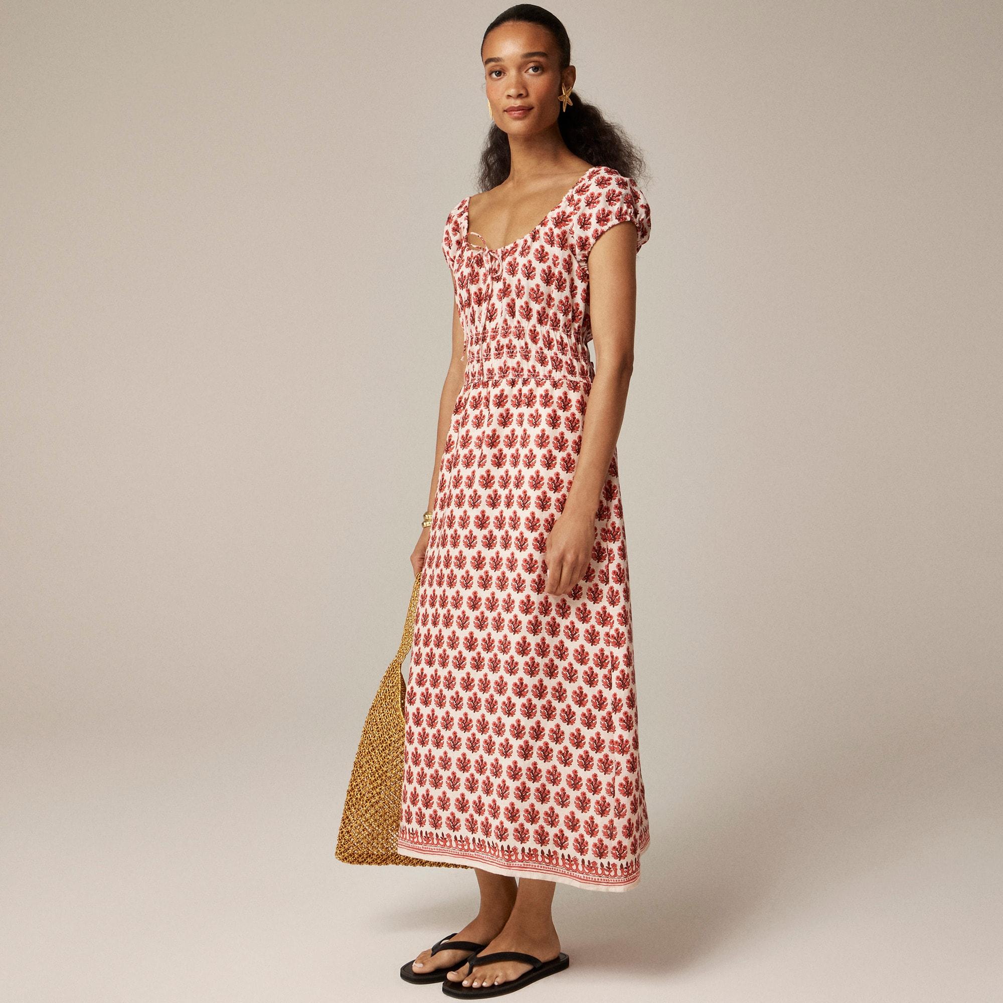 Cap-sleeve midi dress in block print linen Product Image