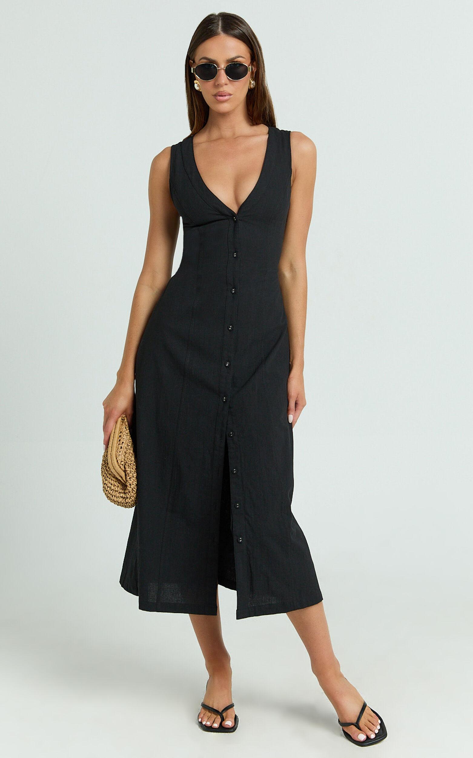 Juliet Midi Dress - Button Through V Neck Dress in Black Product Image