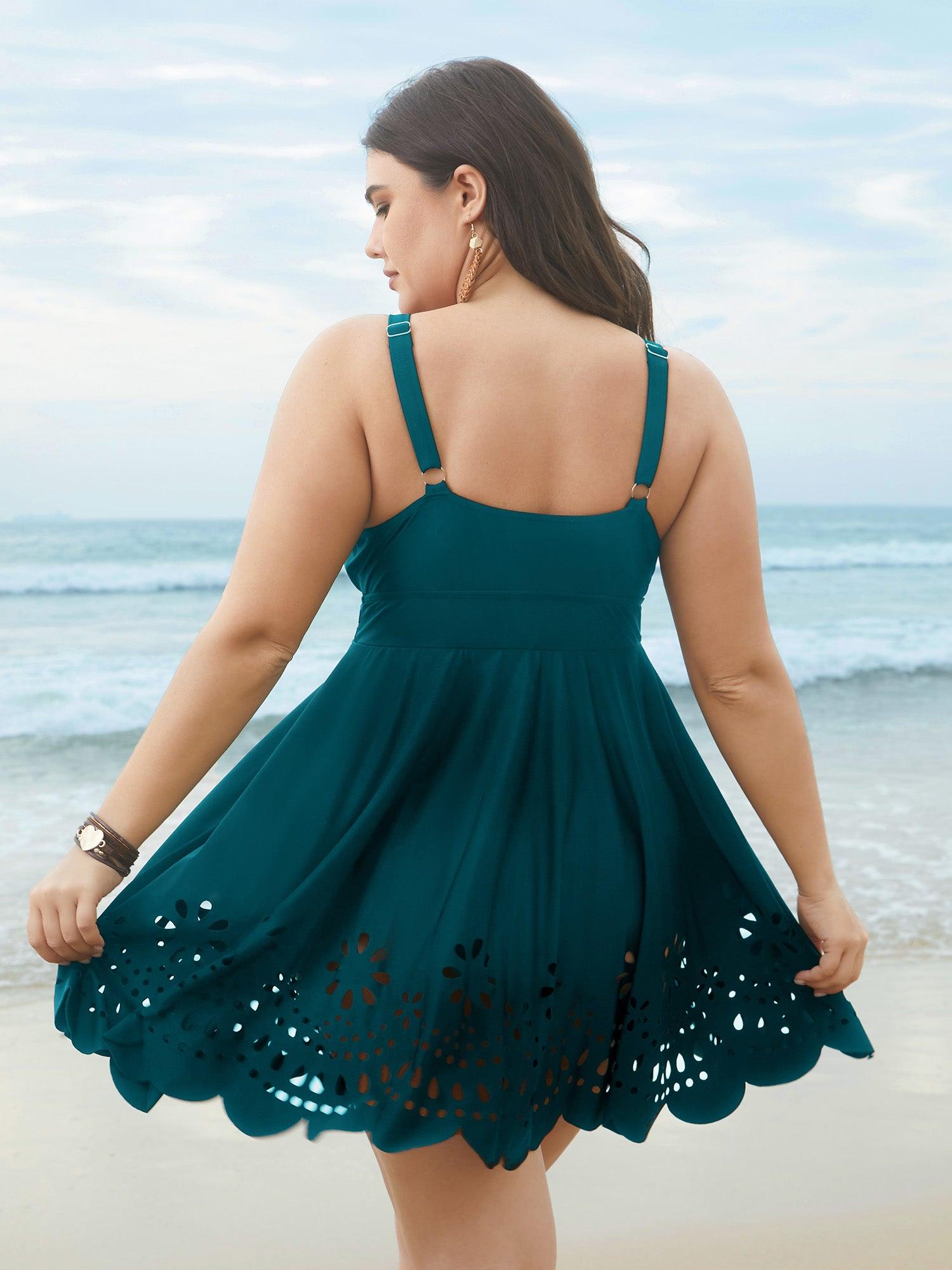 Laser Cut Surplice Neck Waist-Cinched Swim Dress Female Product Image