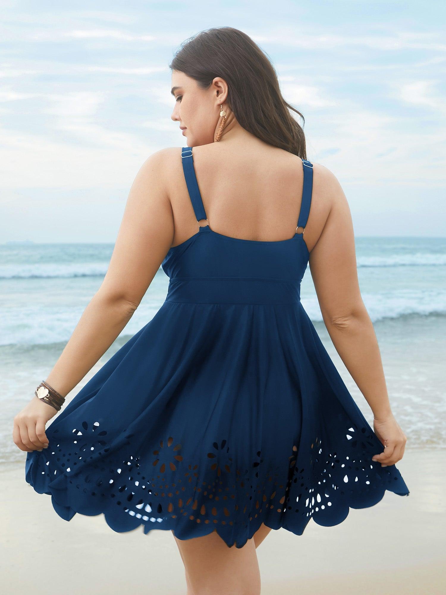 Laser Cut Surplice Neck Waist-Cinched Swim Dress Female Product Image