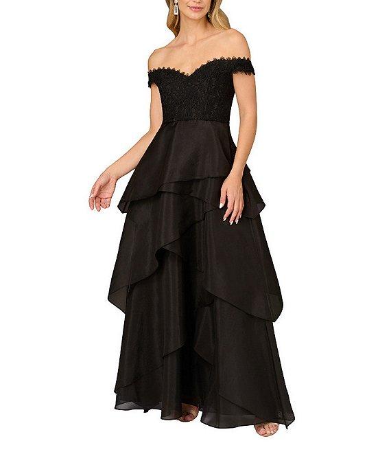 Aidan Mattox Lace Organza Off The Shoulder Cap Sleeve Tiered Gown Product Image