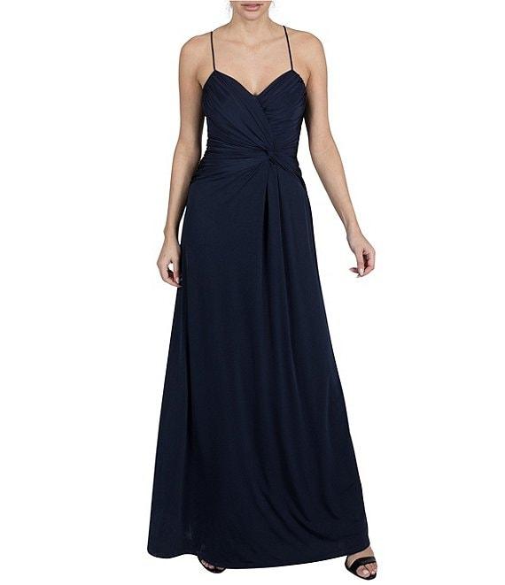 Julia Jordan Stretch Satin Jersey Knit Sweetheart Neck Sleeveless Front Twist Drape A-Line Maxi Dress Product Image