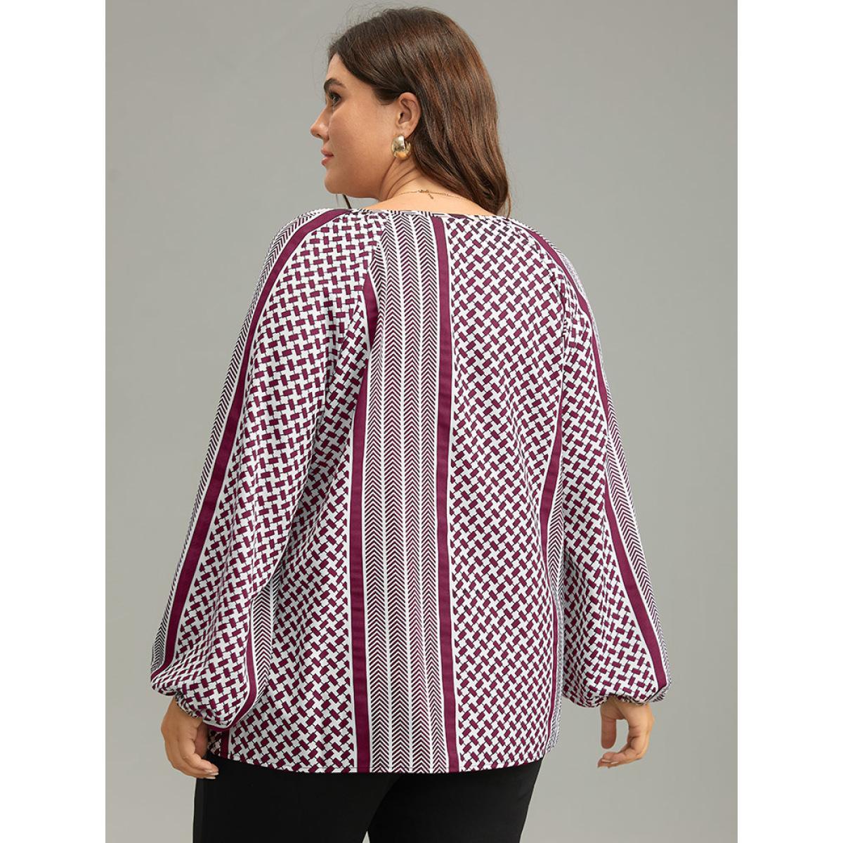 Plus Size RedViolet Geo Striped Tie Lantern Sleeve Blouse Women Resort Long Sleeve Tie Neck Vacation Blouses BloomChic 22-24/3X Product Image
