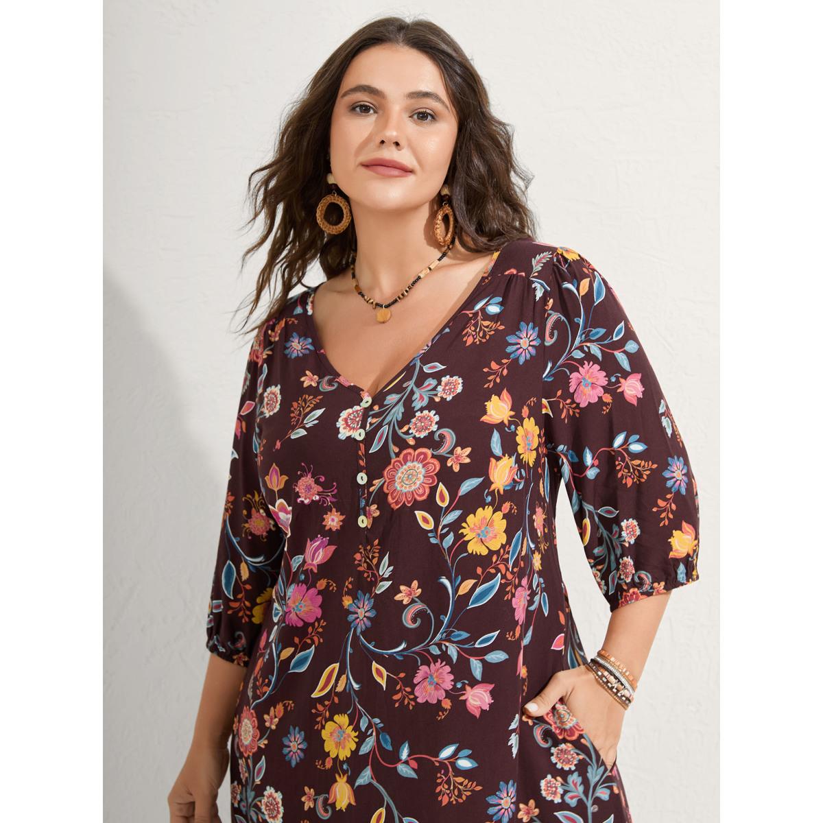Plus Size Rayon Boho Floral Placket Midi Dress Deeppurplered Women V-neck Elbow-length sleeve Curvy BloomChic 26/4X Product Image