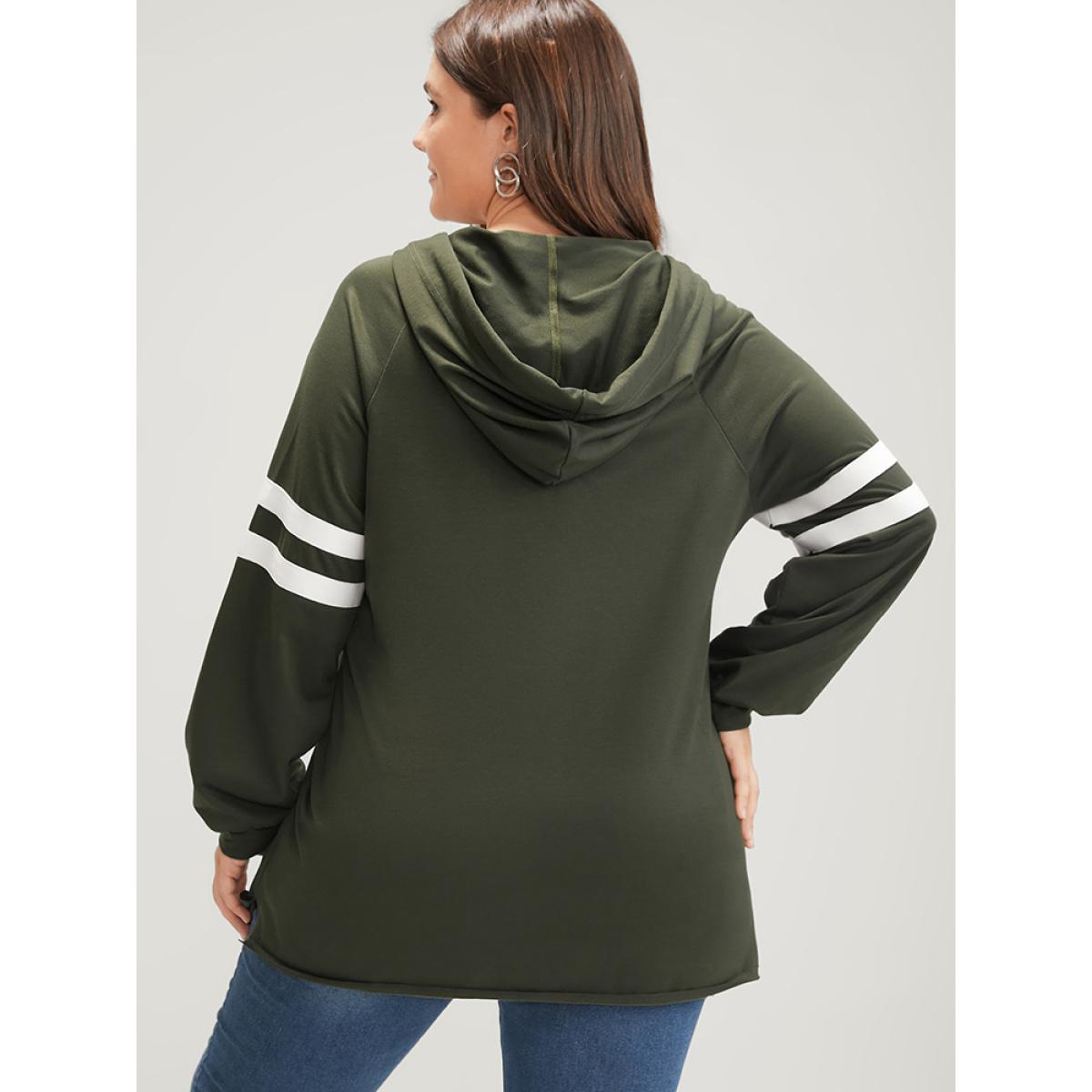 Plus Size Solid Contrast Pocket Drawstring Hooded Sweatshirt Women ArmyGreen Casual Contrast Hooded Dailywear Sweatshirts BloomChic 14-16/1X Product Image