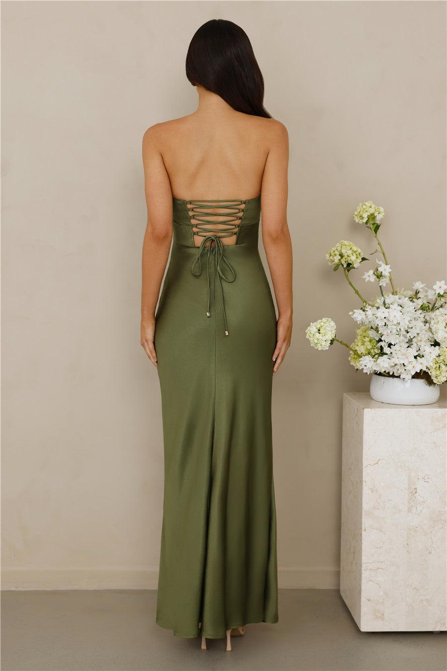 The Seraphina Strapless Satin Maxi Dress Olive Product Image