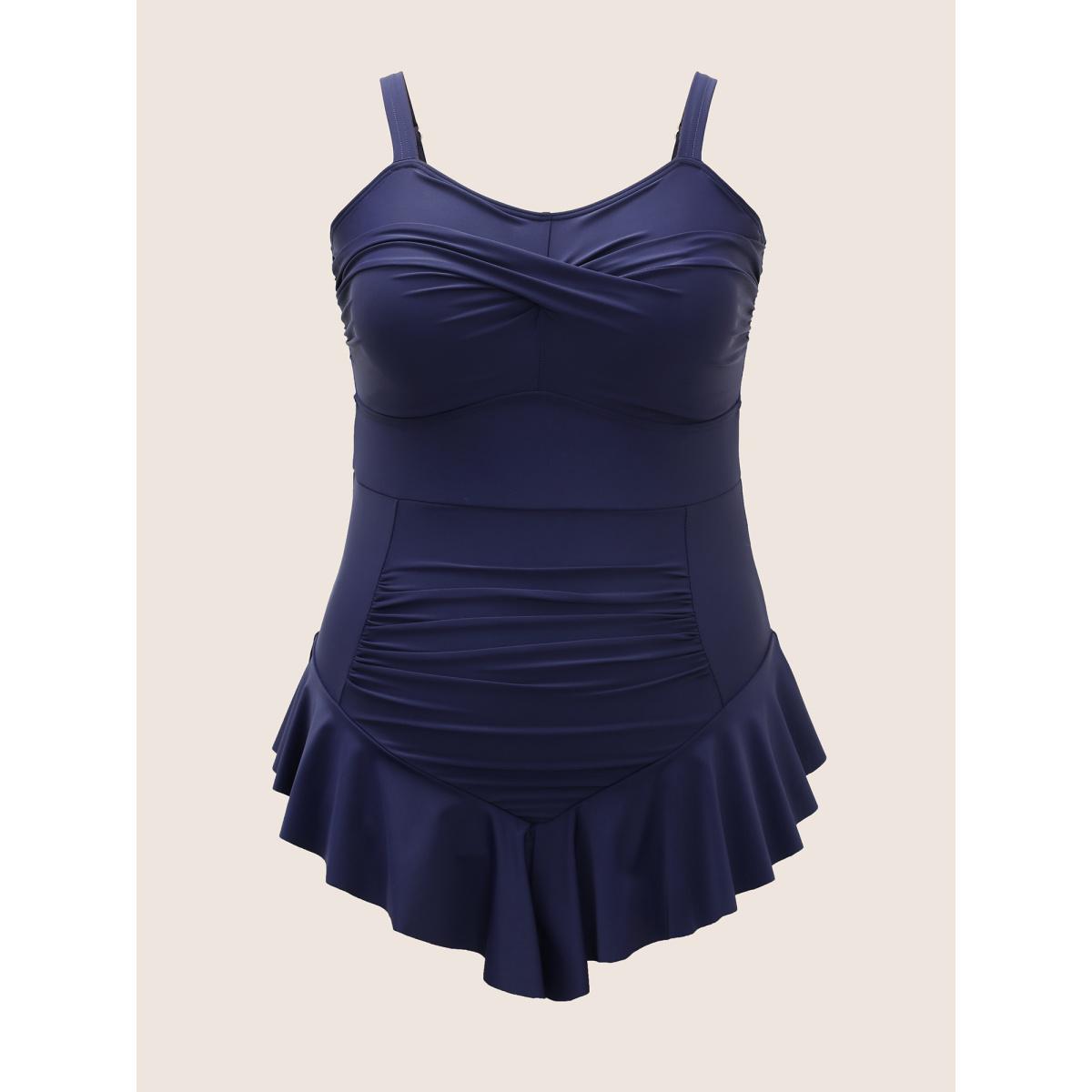 Plus Size Plain Crossover Flutter Trim One Piece Swimsuit Women's Swimwear Indigo Beach Curve Bathing Suits High stretch One Pieces BloomChic 26/4X Product Image