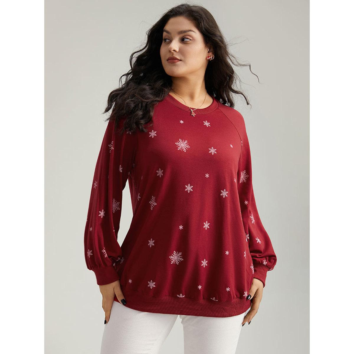 Plus Size Snowflake Print Raglan Sleeve Sweatshirt Women Red Casual Elastic cuffs Round Neck Festival-Christmas Sweatshirts BloomChic 10/M Product Image
