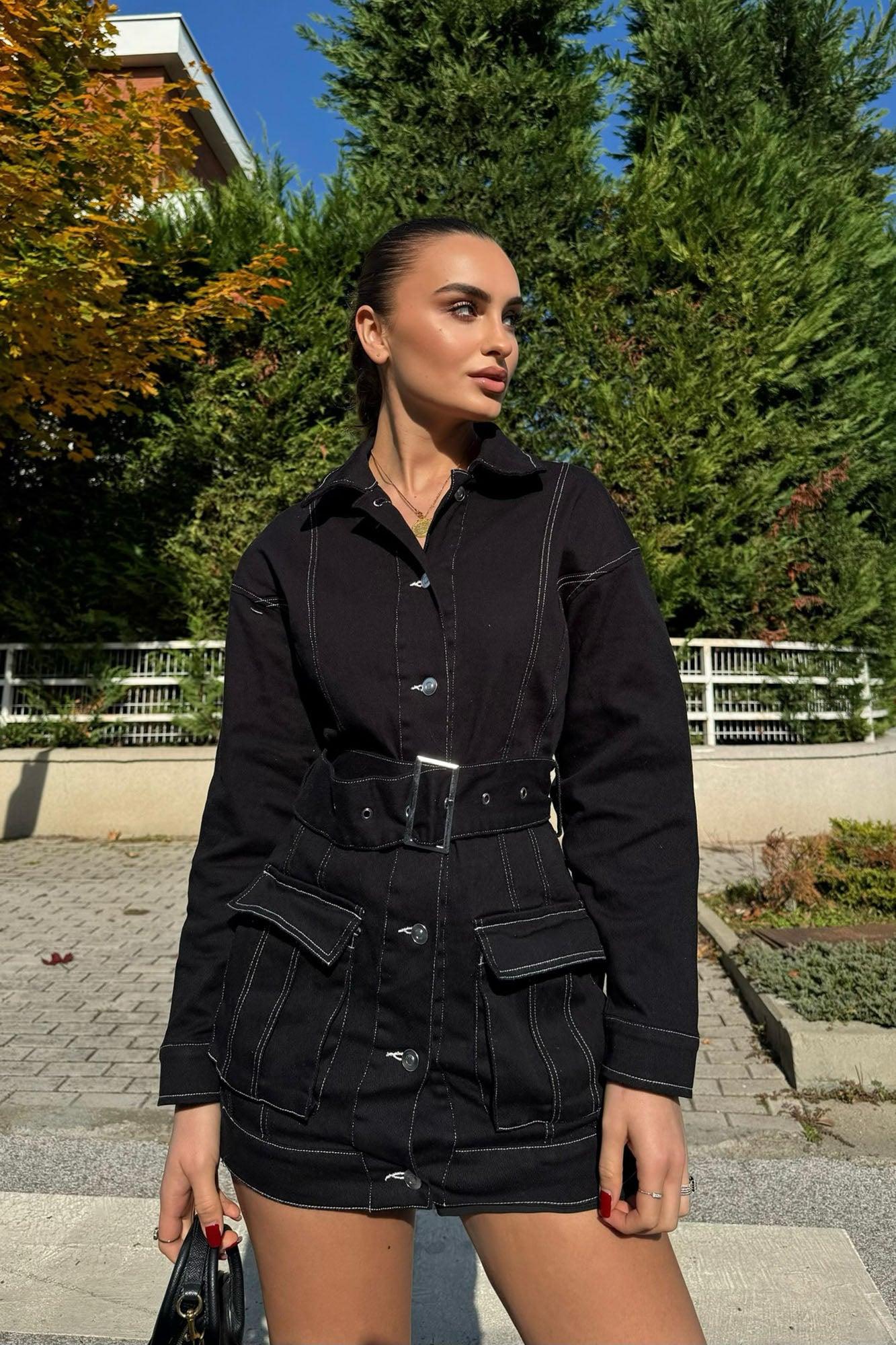 Stephanie Denim Mini Dress - Black Product Image