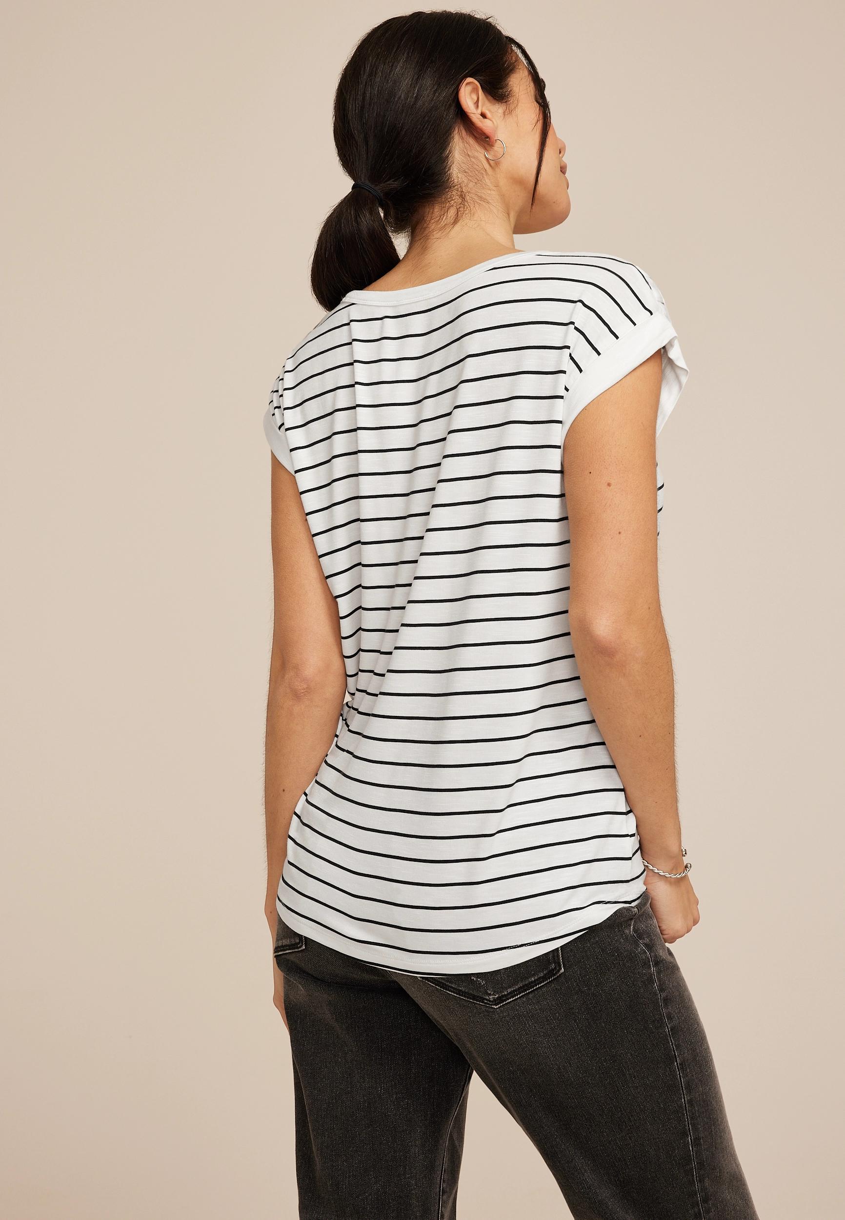 Striped Grommet Shoulder Scoop Neck Tee Product Image