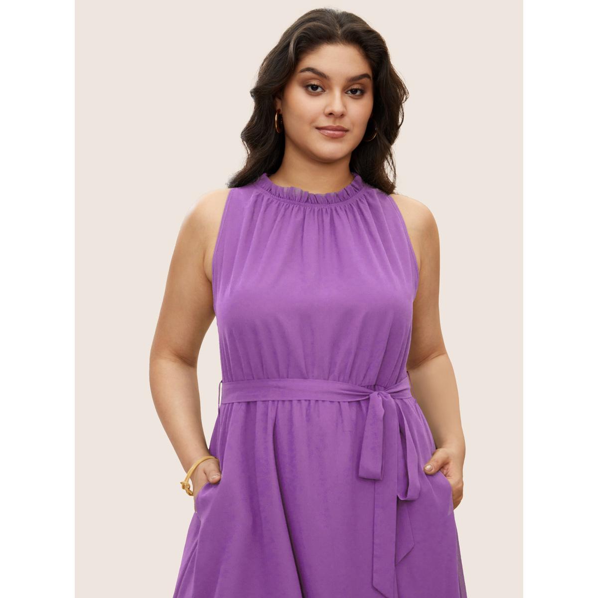 Plus Size Plain Sleeveless Frill Trim Pocket Belted Mock Neck Dress Lilac Women At the Office Pocket Mock Neck Sleeveless Curvy Midi Dress BloomChic 18-20/2X Product Image