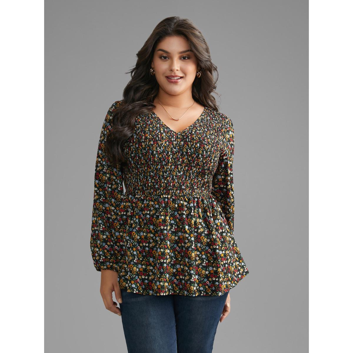 Plus Size Black Ditsy Floral V Neck Shirred Blouse Women Elegant Extra Long Sleeve V-neck Everyday Blouses BloomChic 26/4X Product Image