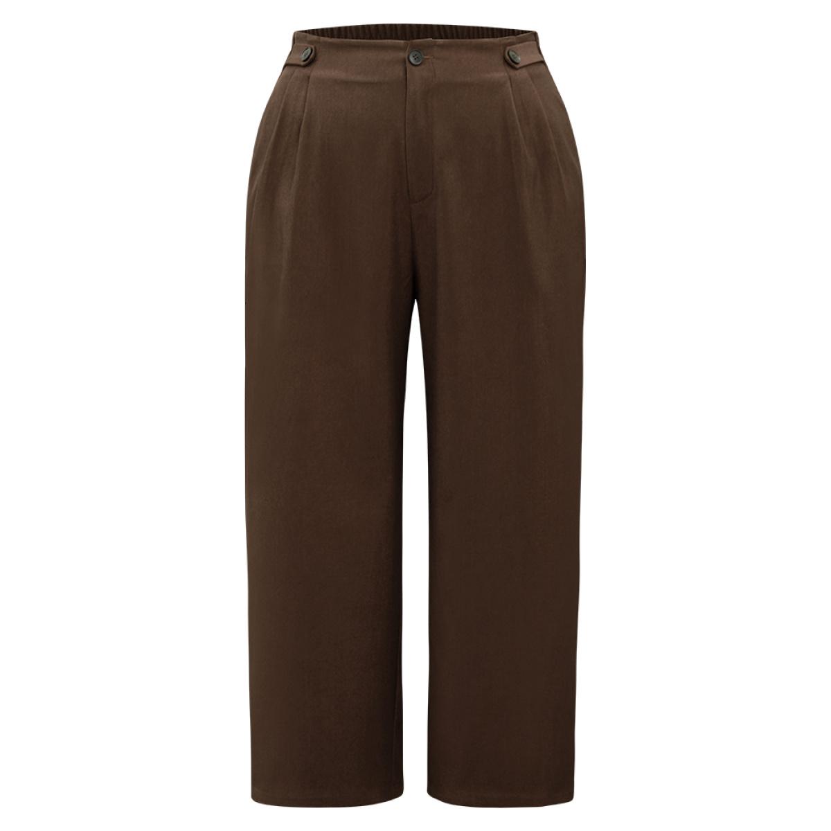 Plus Size Solid Elastic Waist Plicated Detail Straight Leg Pants Women DarkBrown Office Straight Leg High Rise Office Pants BloomChic 10/M Product Image