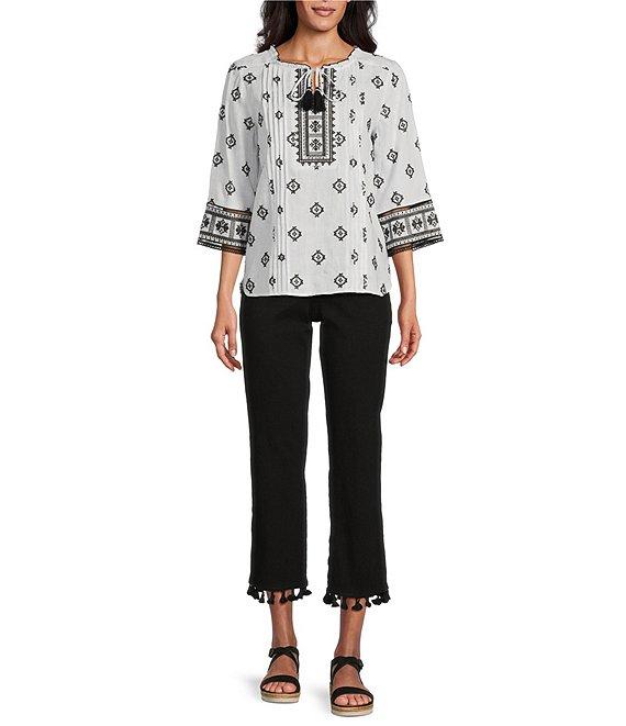 John Mark Allover Embroidered Split V-Neck 3/4 Sleeve Tassel Tie Tunic Product Image