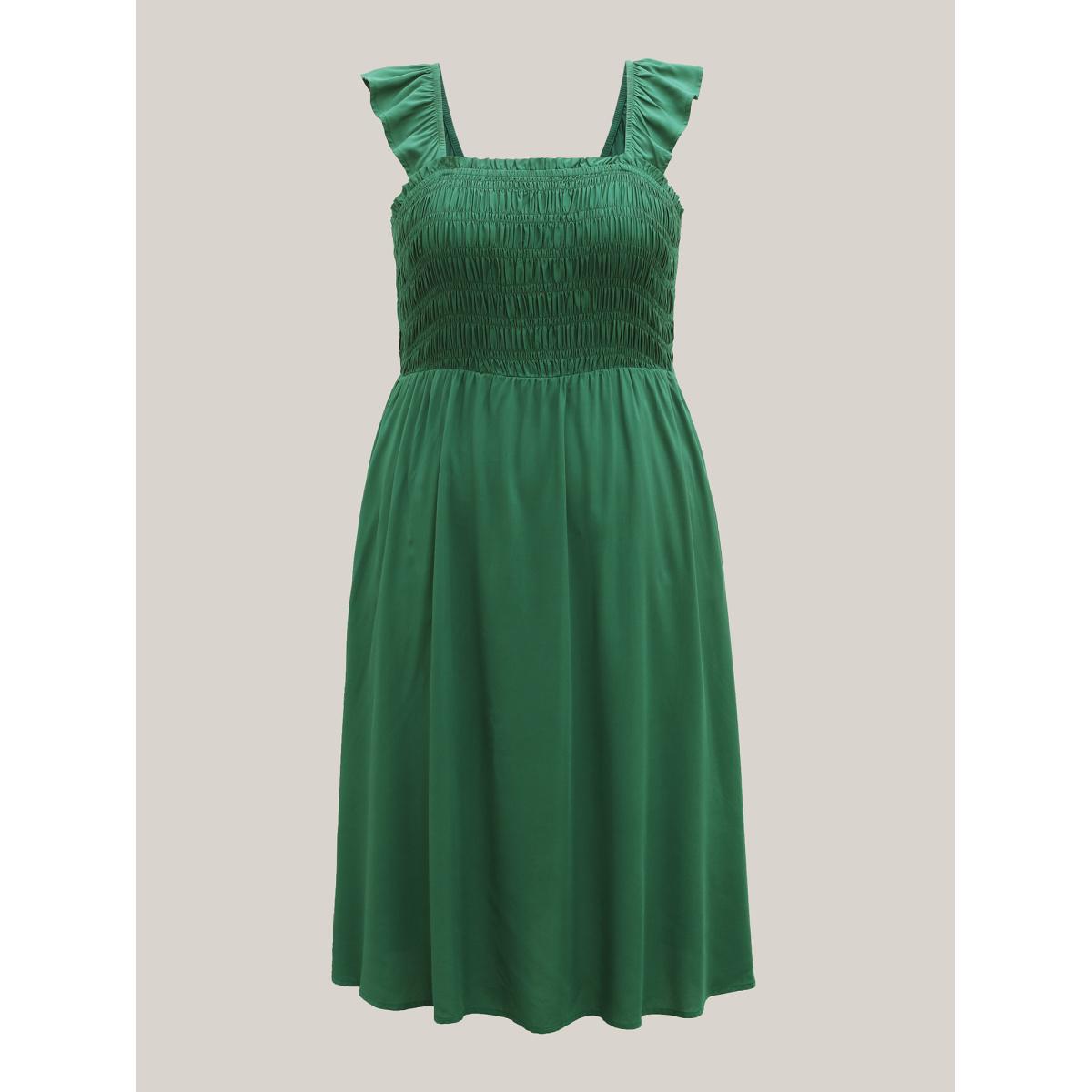 Plus Size Rayon Shirred Flutter Straps Pockets Midi Dress Emerald Women Square Neck Sleeveless Curvy BloomChic 22-24/3X Product Image