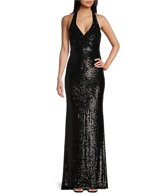 B. Darlin Allover Sequin Sleeveless Halter V-Neck Dress Product Image