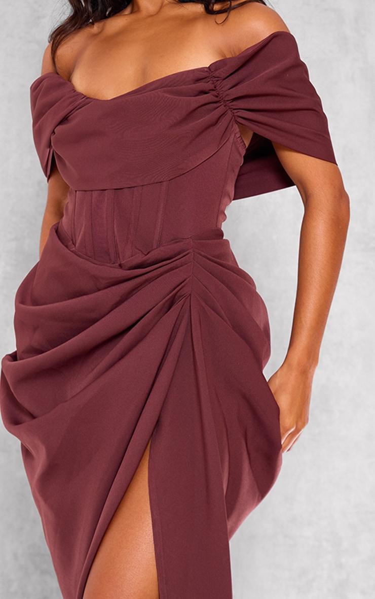 Chocolate Corset Bardot Draped Midi Dress Product Image