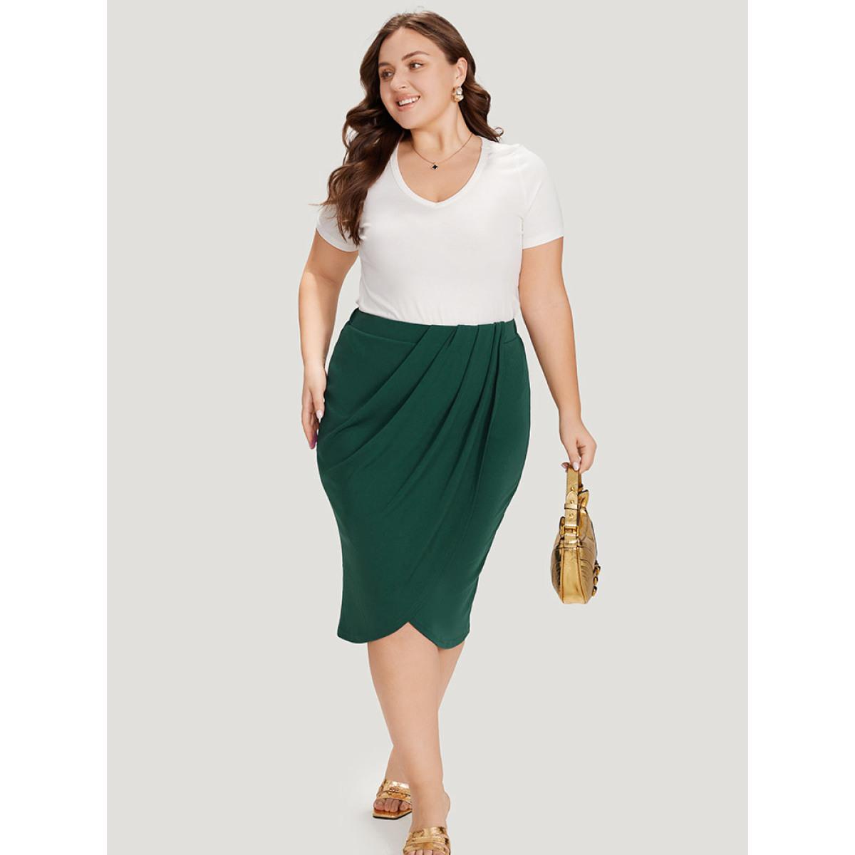 Plus Size Solid Pleated Detail Wrap Hem Skirt Women DarkGreen Office Plain Bodycon No stretch Work Skirts BloomChic 22-24/3X Product Image