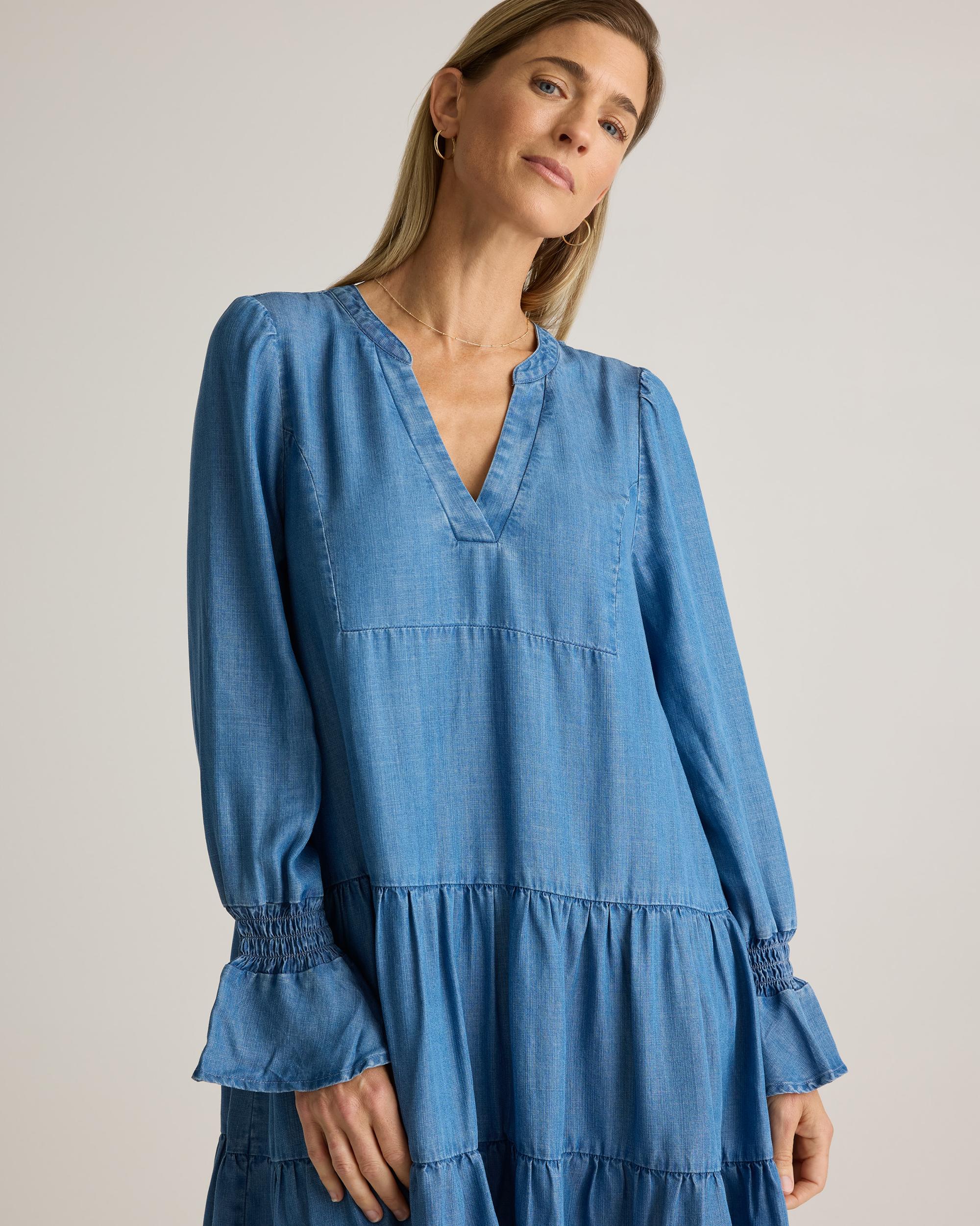 Quince | Women's Chambray Tencel Tiered Long Sleeve Mini Dress Product Image
