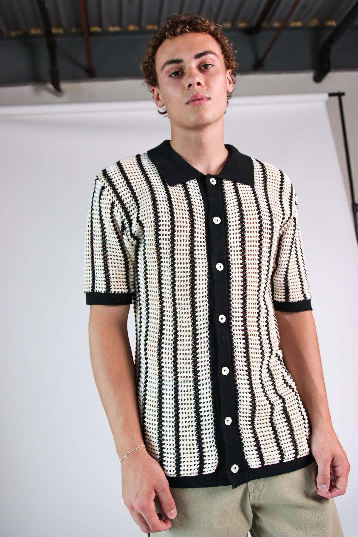 Striped Knit Mesh Button Up Shirt Product Image