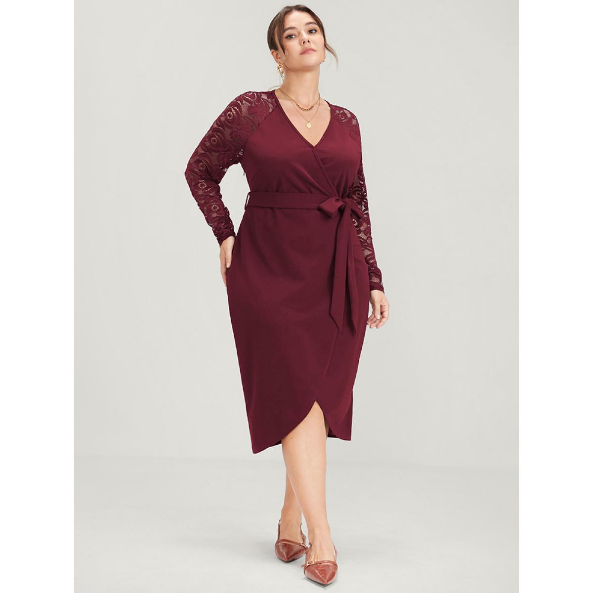 Plus Size Solid Button Eyelet Lace Belted Wrap Knee Dress Burgundy Women Elegant Cross straps V-neck Long Sleeve Curvy Midi Dress BloomChic 18-20/2X Product Image