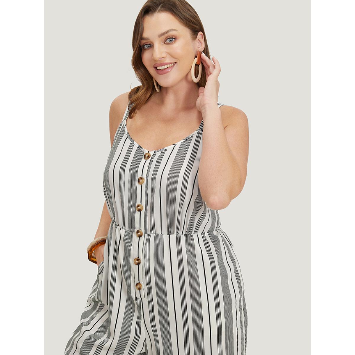 Plus Size White Striped Print Button Pocket Detail Cami Jumpsuit Women Vacation Sleeveless Spaghetti Strap Dailywear Loose Jumpsuits BloomChic 22-24/3X Product Image